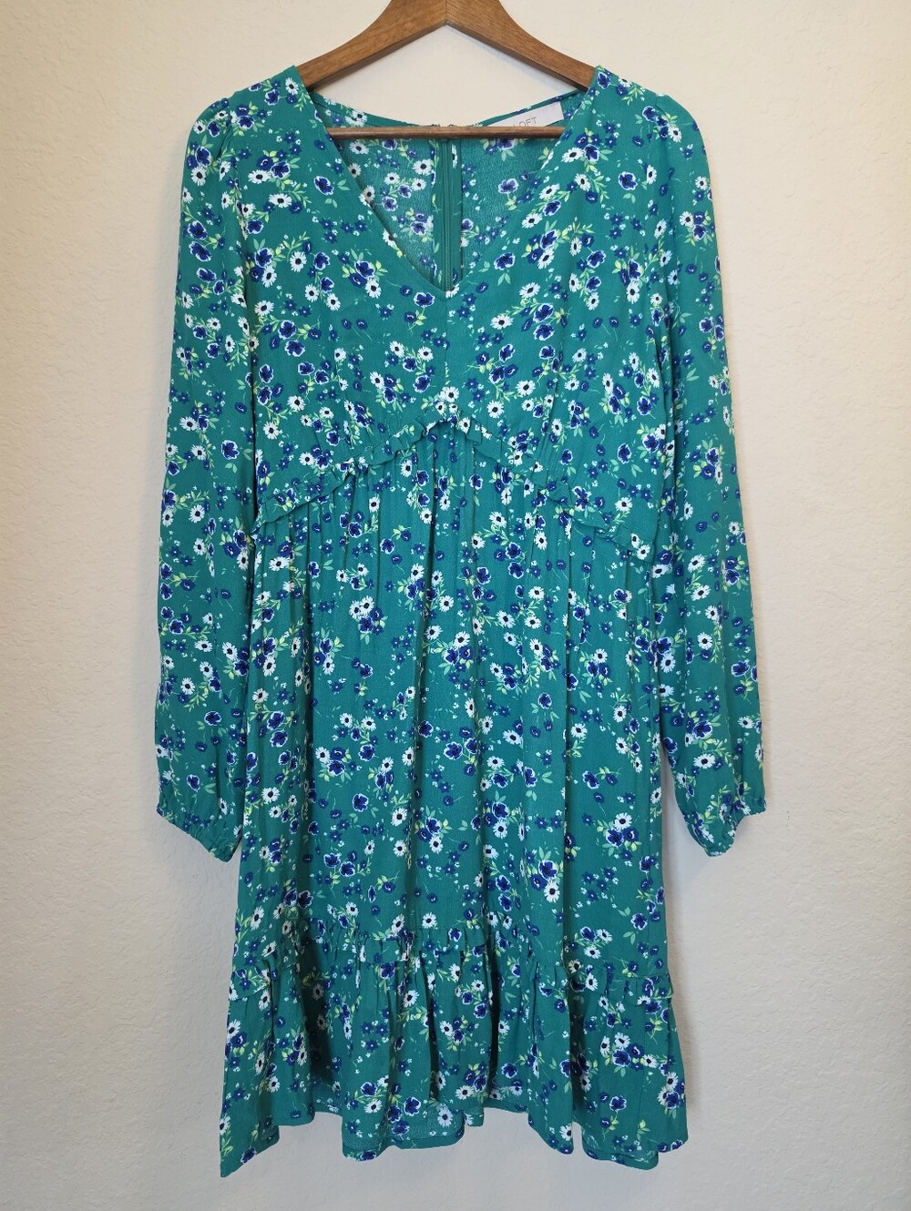 Loft Babydoll Midi Dress Womens Sz 6‎ Green Blue White Floral Summer Event Wear